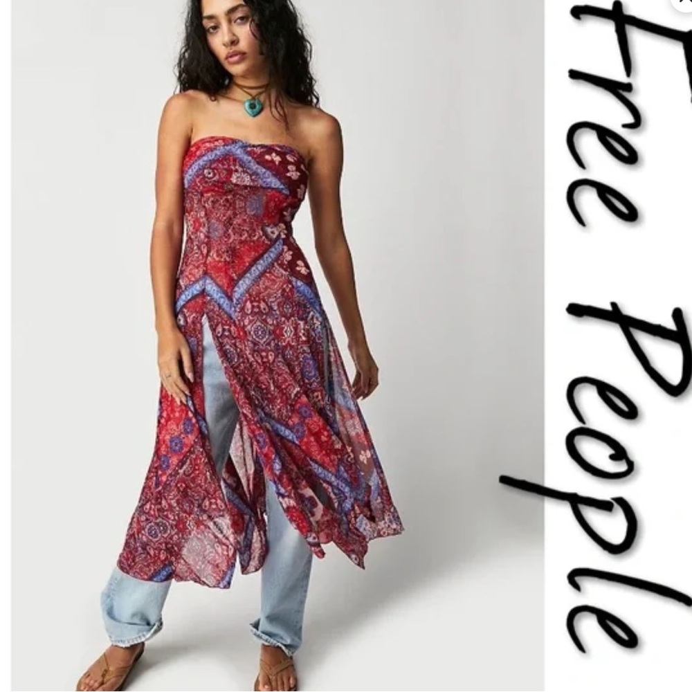 NWT FREE PEOPLE L Heartbeats Tube MIDI Length Top NEW $78 retail Red Combo